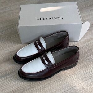 AllSaints Men's White and Burgundy Leather Penny Loafers size 45 mens size 12